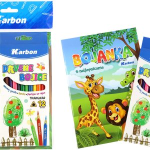 Set bojanka A5 s naljepnicama + drvene bojice 12/1 Karbon